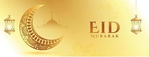 brillante eid Mubarak dorado bandera con Luna y lámpara vector