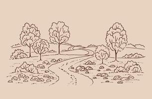 paisaje rural con camino y árbol. ilustración dibujada a mano convertida en vector. vector