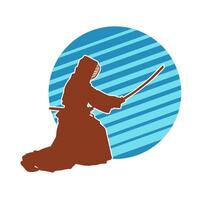 Silhouette of a sword warrior in action pose. Silhouette of a martial art person carrying sword weapon. Silhouette of kendo martial art pose. vector