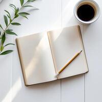 AI generated blank notebook and pencil on white background. Empty Space for your text. ai generated. photo
