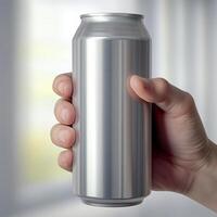 AI generated product mockup hand holding a soda can photography. Ai genarated. template label. photo