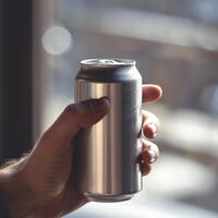 AI generated product mockup hand holding a soda can photography. Ai genarated. template label. photo