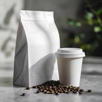 ai generado papel bolso y taza de café paquete producto Bosquejo fotografía, ai generado. modelo etiqueta. foto