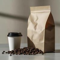 AI generated paper bag and cup of coffee package product mockup photography, Ai genarated. template label. photo