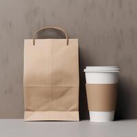 AI generated paper bag and cup of coffee package product mockup photography, Ai genarated. template label. photo