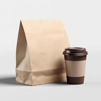 AI generated paper bag and cup of coffee package product mockup photography, Ai genarated. template label. photo