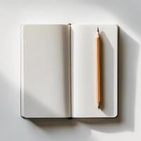 ai generado blanco cuaderno y lápiz en blanco antecedentes. vacío espacio para tu texto. ai generado. foto