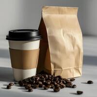 AI generated paper bag and cup of coffee package product mockup photography, Ai genarated. template label. photo