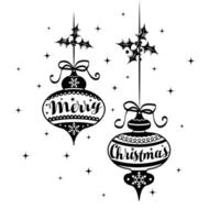 Christmas Ornaments Isolated Black and white with Merry Christmas Text- Christmas Vector Illustration