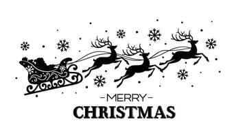 Christmas Santa Sleigh Black and white with Merry Christmas Wordings, Snowflakes and Reindeer- Christmas Black and white Vector Illustration