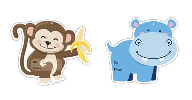 linda divertido mono y hipopótamo aislado ilustración, animales regalo etiqueta bueno para niños cumpleaños regalo vector