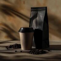 AI generated paper bag and cup of coffee package product mockup photography, Ai genarated. template label. photo