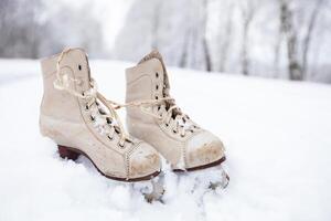 antiguo andrajoso patines en contra el fondo de Nevado naturaleza. invierno antecedentes. foto