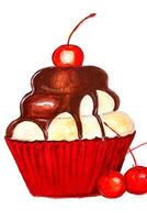 Drawing of a cake with cream poured with chocolate glaze and decorated with a cherry on a white background. photo