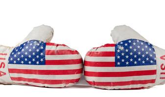 Boxing gloves with American flag print isolated on white background. photo