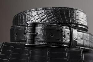 Part of a black crocodile leather belt. Expensive leather goods. photo