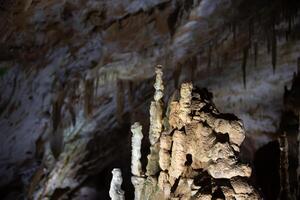 el cueva es karst, increíble ver de estalactitas y estalagnitas iluminado por brillante luz, un hermosa natural atracción en un turista lugar. foto