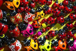 A large number of souvenirs of wooden ladybugs. photo