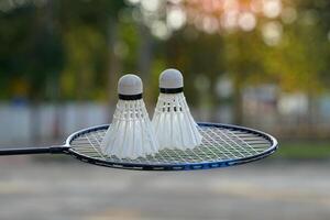 blanco volante 2 metido lado por lado en un bádminton raqueta, el antecedentes es verde de arboles y cemento piso.suave y selectivo atención foto