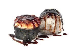 Sushi isolated on white background. Baked sushi with soy sauce photo