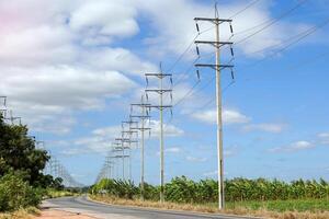 The lines of electric poles along the road look beautiful. It is a type of equipment that serves to support the installation of electrical wires above the ground. soft and selective focus. photo