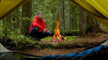 barbado hombre por el fuego en un hermosa bosque. el cámping es situado en un hermosa bosque césped en el montañas. viaje concepto foto