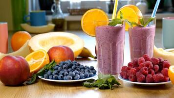 Raspberry Blueberry Melon Smoothie into a glasses on the background of fresh fruits and berries. The fruit cocktail is ready to eat. Healthy and vegetarian food concept photo