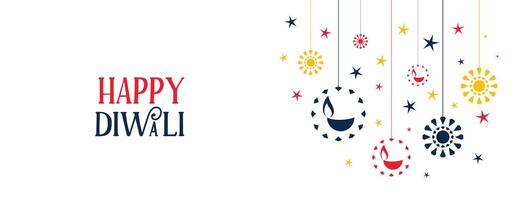 happy diwali banner with colorful flat diya and stars vector