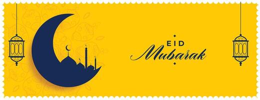 flat style eid mubarak yellow banner with mosque and moon vector