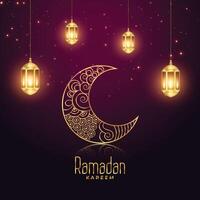 Ramadán kareem eid festival brillante lamparas y Luna antecedentes vector