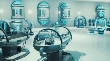 A futuristic laboratory with a stunning display of round mirrors video