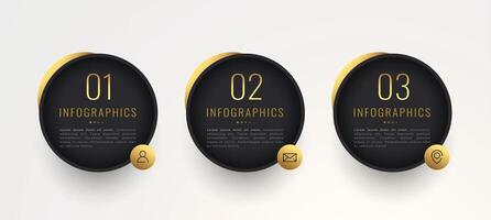 three steps business infographics golden template with data workflow vector