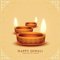 lovely happy diwali realistic diya card design vector