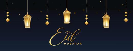 eid mubarak greeting banner with islamic lantern decoration vector