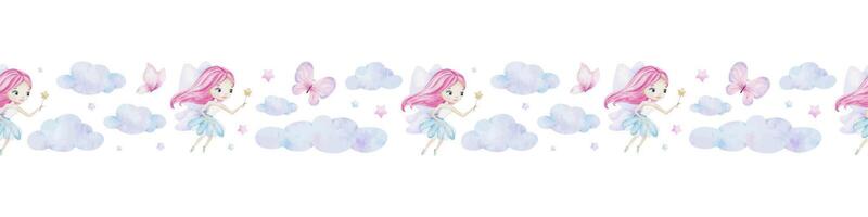 Cute little fairy with magic wand, stars, clouds and butterflies. Watercolor seamless border for children's goods, clothes, postcards, baby shower and nursery, fabric vector