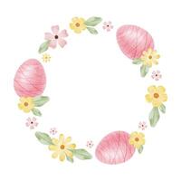 Frame of cute colorful Easter eggs, flowers and leaves. Paschal Concept with pink Easter Eggs. Isolated watercolor illustration. Template for Easter cards, covers, posters and invitations. vector