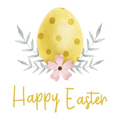Happy Easter card with yellow Easter egg, flower and leaves. Square Paschal layout. Watercolor illustrations. Template for Easter cards, label, posters and invitations.