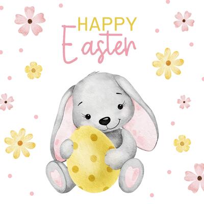 Happy Easter card with Easter rabbit, Easter eggs, flowers and dots. Square Paschal templates. Watercolor illustrations. Template for Easter cards, label, posters and invitations.