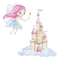 Cute little fairy with tale castle for princess in clouds. Kingdom with towers, pink roofs, flags. Isolated watercolor illustration for decoration of children's rooms, baby shower, cards, invitations vector