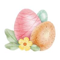 Red, green, orange Easter eggs, flower and leaves. Paschal Concept with Easter Eggs with Pastel Colors. Isolated watercolor illustration. Template for Easter cards, covers, posters and invitations. vector