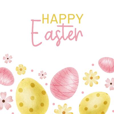 Happy Easter card with yellow, pink Easter eggs, flowers and dots. Square Paschal templates. Watercolor illustrations. Template for Easter cards, label, posters and invitations.