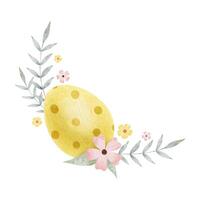 Frame of cute colorful Easter eggs, flowers and leaves. Paschal Concept with yellow Easter Egg. Isolated watercolor illustration. Template for Easter cards, covers, posters and invitations. vector