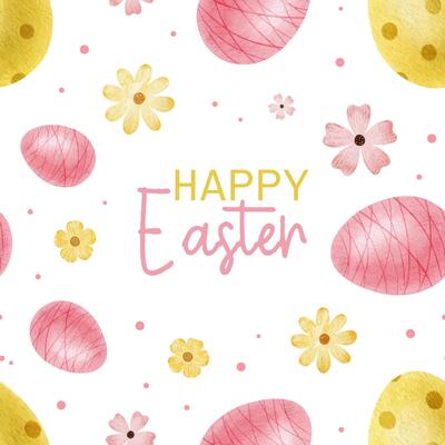 Happy Easter card with yellow, pink Easter eggs, flowers and dots. Square Paschal templates. Watercolor illustrations. Template for Easter cards, label, posters and invitations.