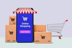 Concept online Sopping. boxes and shopping bag with Smartphone Online Shopping screen. photo