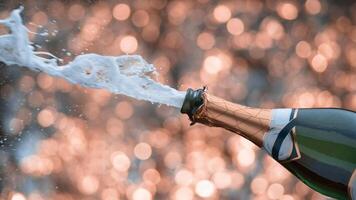 champán botella con explotando vino afuera. concepto de celebracion nuevo año, cumpleaños o éxito. estudio disparo, congelar movimiento, brillante dorado antecedentes. foto