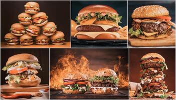 Collage of different delicious burgers on tables photo