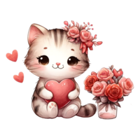 ai generato gatto amore romantico San Valentino giorno. clip arte illustrazione acquerello isolato su trasparente sfondo. png