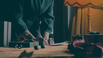 lady writing list of presents for her family members, sitting on bed among Christmas wrapped gift boxes. Dreamy woman taking notes in notebook photo