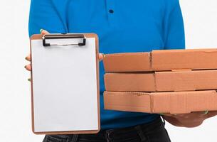 Delivery women holding clipboard with empty carton box isolated on white background photo