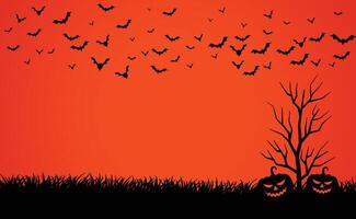 scary red sky with pumpkins and bats halloween background vector